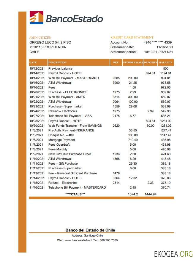 Chili Relevé bancaire de la Banco del Estado de Chile, modèle facile à remplir au format de fichier .xls et .pdf